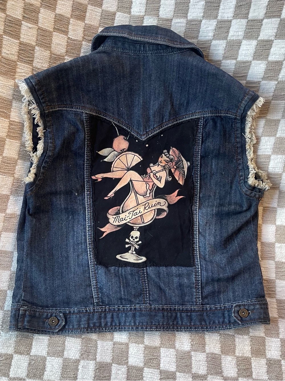 Denim Sleeveless Vest with Pink Graphic Back Panel